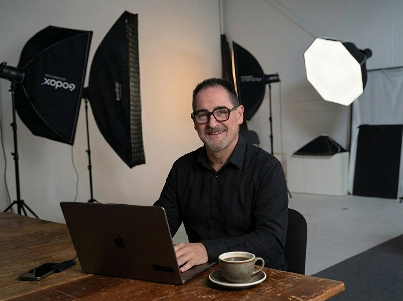 Een fotograaf in de fotostudio kijkt vriendelijk in de lens en erkt achter zijn computer met een kop koffie